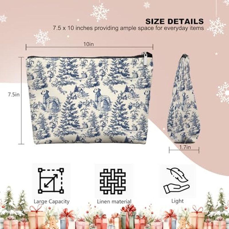 Blue Toile Dalmatian Christmas Makeup Bag for Women, Vintage Dog Print Cosmetic Pouch, French Country Holiday Travel Toiletry Bag, Cute Dalmatian Lover Gift