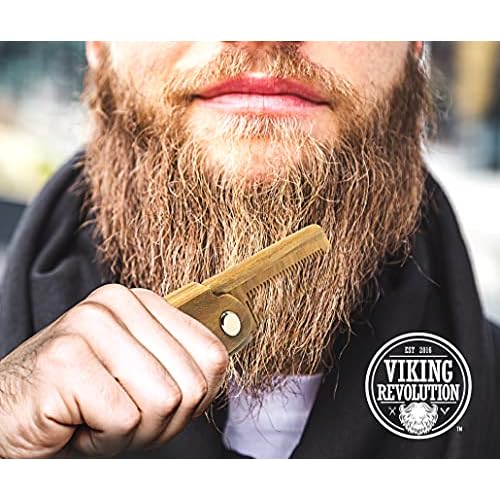 Folding Beard Comb w/Carrying Pouch for Men - All Natural Wooden Beard Comb w/Gift Box - Green Sandalwood Comb for Grooming & Combing Hair, Beards and Mustaches by Viking Revolution