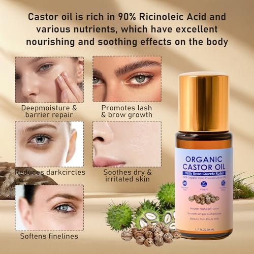 Organic Castor Oil Roll-On with Rose Quartz Roller Ball - Pure & Unscented, 1.7 Fl Oz