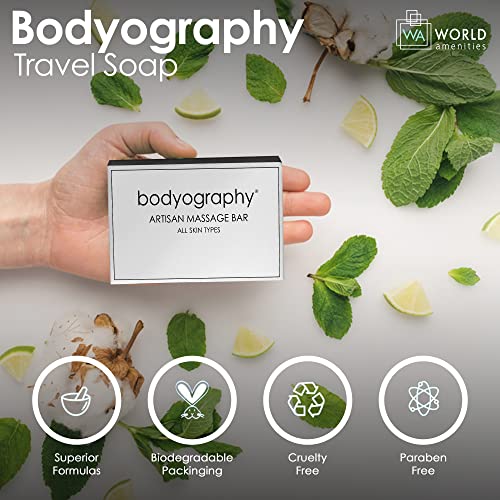 World Amenities - Bodyography Blanc- Bulk Artisan Massage Bar | 50 Count, 1.8 oz | Vanilla White Tea, Mini Travel Size Toiletries (100% Recyclable)| Individually Boxed Hotel Amenities.