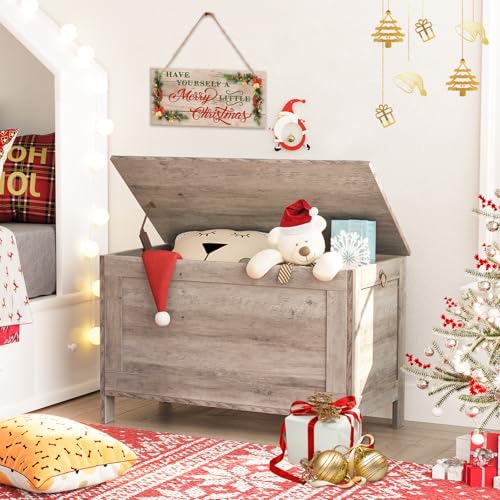 Toy Storage Chest with Safety Hinge - Retro Wooden Look, Greige, 29.9x15.7x18.9 Inches - Entryway & Toy Organizer - Supports 330 lb - Easy Assembly