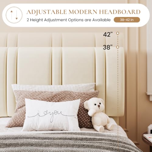 Cream Velvet Twin Size Bed Frame with Adjustable Headboard - SHA CERLIN