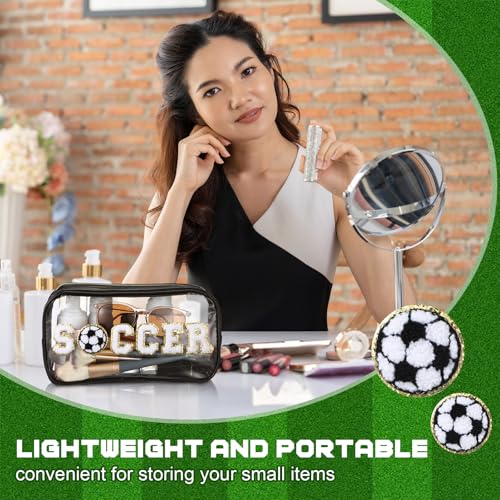 Reallnaive 6 Pcs Soccer Clear Makeup Bags with Chenille Patch - Black, Waterproof, Portable