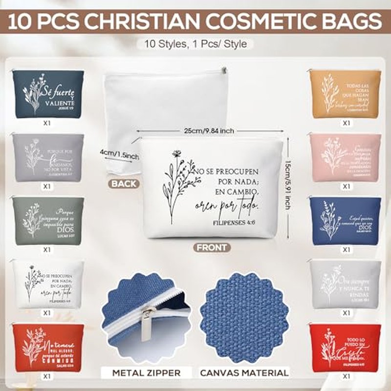 Kacctyen Spanish Christian Easter Gifts for Women Bulk Bible Verse Makeup Bags Religious Gift Regalos Cristianos Para Mujer Canvas Pouch Compact Mirrors Mother's Day Church Gift(Morandi Color,10 Sets)