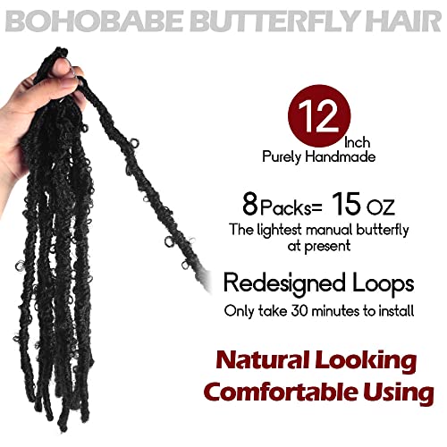 Butterfly Locs Crochet Hair 12 Inch - Black Women Hair Extensions, 8 Pcs, 1B