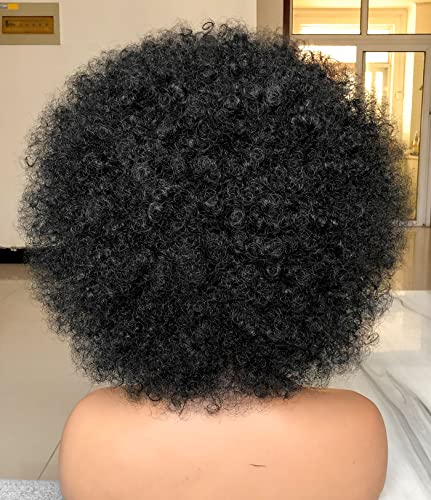 Short Afro Wig with Bangs for Black Women - 70s Kinky Curly Premium Synthetic Wig, Natural Black