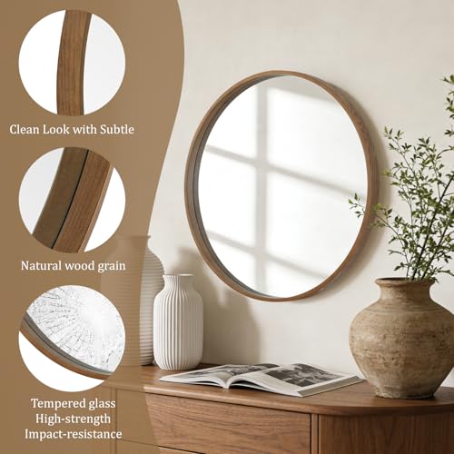 Wood Round Wall Mirror 24 Inch with Walnut Frame - Bathroom & Living Room Decor