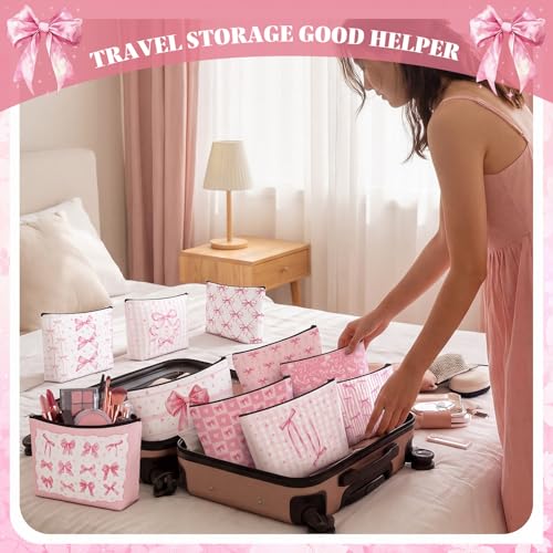 Pink Bow Makeup Bags Set - 24 Coquette Cosmetic Pouches with Zippers for Women & Travel - Pink Aesthetic Gifts