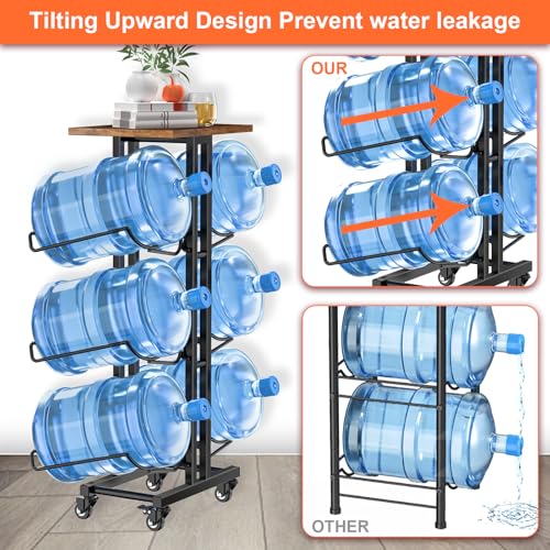 6 Bottle Water Jug Holder with Lockable Casters & Removable Wood Top - Brown