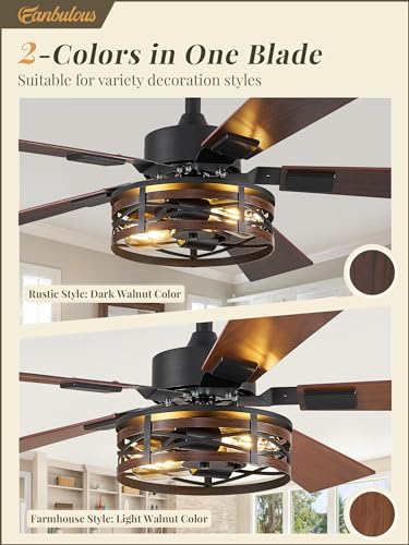 48-Inch Farmhouse Ceiling Fan with Light & Remote - Black and Walnut
