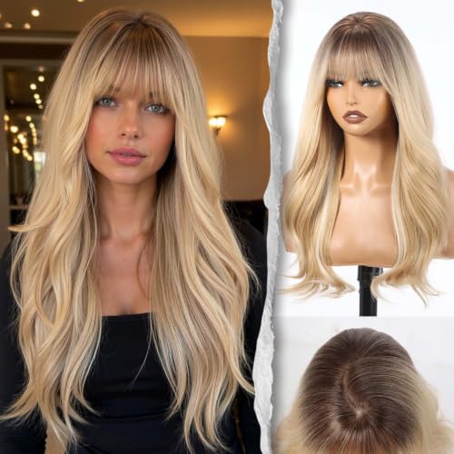 Rooted Honey Blonde Wig with Bangs - 24 inch Wavy Voluminous High Crown Style for Women, Realistic Scalp, Easy Shake & Wear, SHINEDIARY