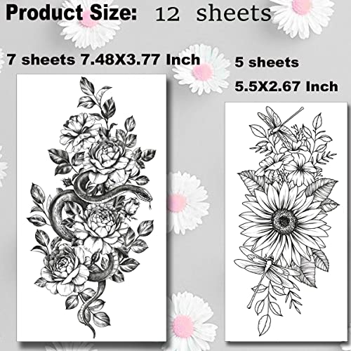 Glaryyears Large Vivid Flower Temporary Tattoos for Women, 9-Pack White Ink Bright Vein Realistic Fake Tattoo Stickers, Perfect on Body Arm Thigh Waist or Rock Art Tumblers Glass