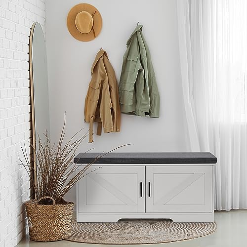White Farmhouse Shoe Storage Bench with Barn Doors & Padded Seat - 39.4" Wide