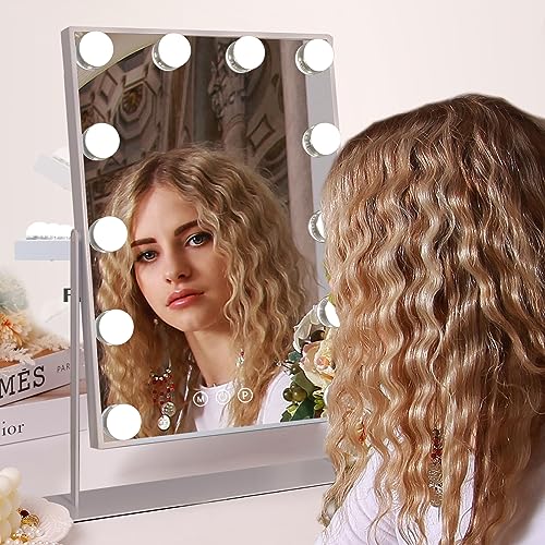 COOLJEEN Makeup Mirror Vanity Mirror with Lights - 12 Led Bulbs Lighted Hollywood Mirror, 10X Magnification,3 Color Modes, Touch Control, Women Gift (White)