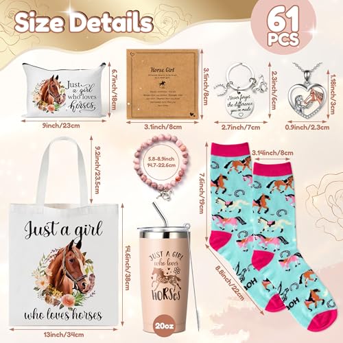 Y1tvei Horses Canvas Bag Gifts - 61Pcs Just A Girl Who Loves Horses Canvas Tote Bag Makeup Pouch, Thermos Cup Stockings Pink Bracelet Card Heart Necklace Stickers Keychain, Horse Lover Gifts for Girls