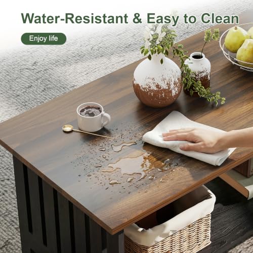 YOSHOOT 39.4-Inch Farmhouse Coffee Table with Double-Layer Shelf