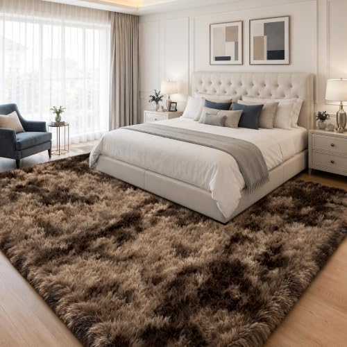 Fluffy 8x10 Area Rug for Living Room & Bedroom - Tie-Dyed Coffee, Soft Shag Carpet