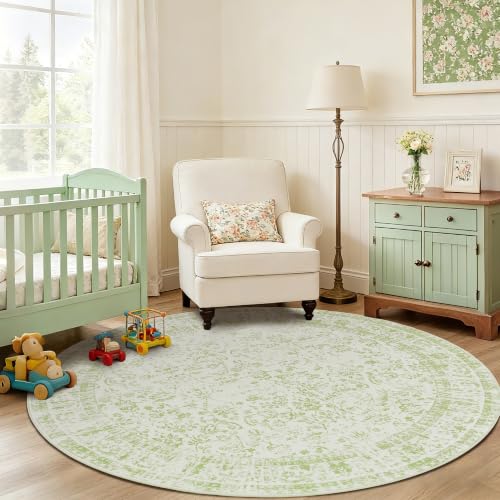 Sage Washable Area Rug 6x6 Vintage Floral Pattern for Living Room - Round 6' Sage Green
