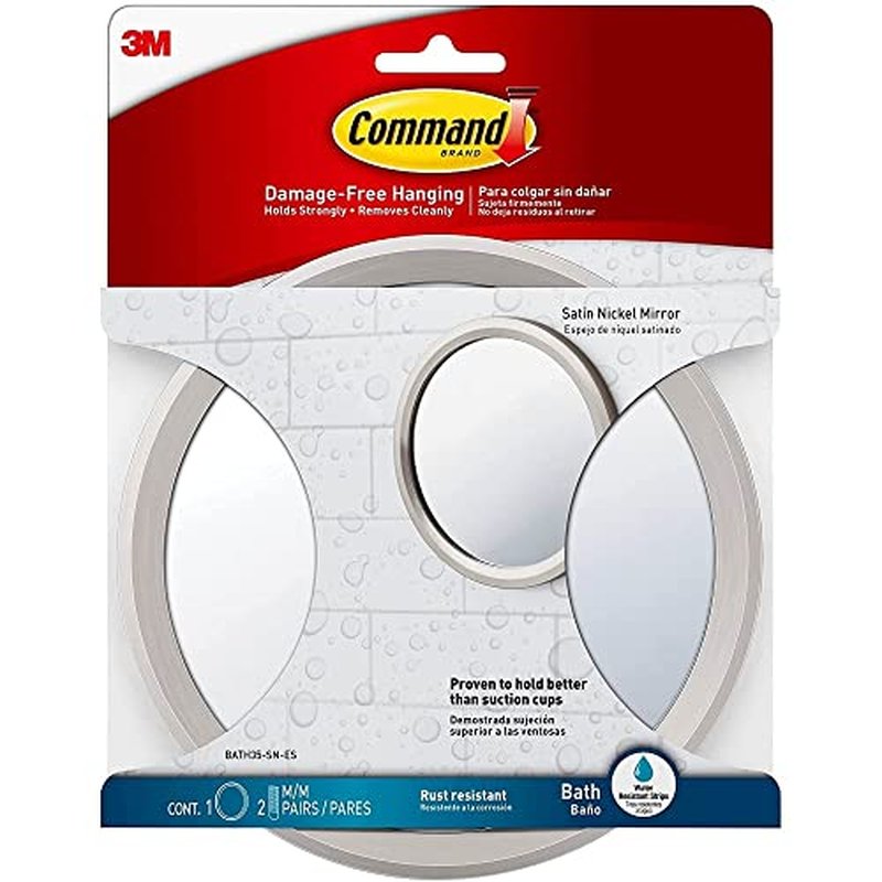 Command Bath Mirror, 2-Pack of 1 Mirror and 2 Water-Resistant Strips, Damage Free Bathroom Organization