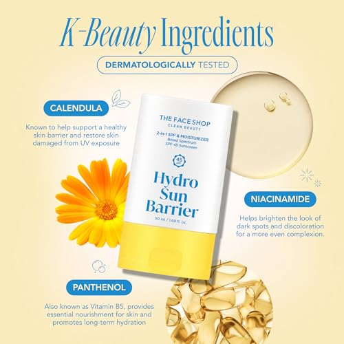 THE FACE SHOP Hydro Sun Barrier Moisturizer SPF 45, Daily Hydrating Facial Sunscreen & Moisturizer, for Oily Skin, Formulated with Calendula & Niacinamide, No White Cast, 1.69 Fl. Oz.