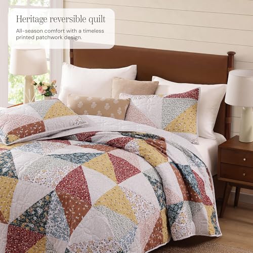 King Quilt Set 3 Pieces - Burnt Orange Floral Patchwork Coverlet - Soft & Reversible Bedding