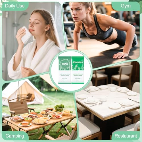 Moist Towelettes, Disposable Pre Moistened Towels Individually Wrapped, Soft Portable Face & Body Wet Towels for Travel Hotel Sport Camping Spa 9.8 inch (Pack of 100, Mint & Eucalyptus Leaf)