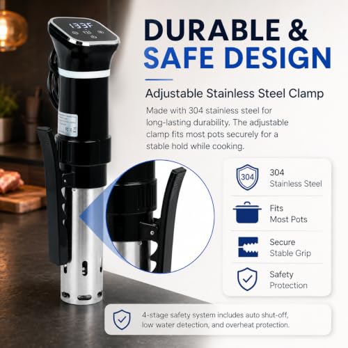 ORVEN 1100W Sous Vide Cooker with Precise Temperature Control, Stainless Steel, Digital Timer, 4-20L Capacity