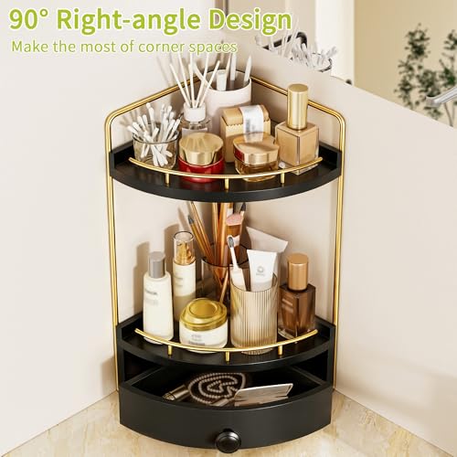 2-Tier Corner Bathroom Counter Organizer with Drawer Black Gold 7.68" x 7.68" x 15.75"