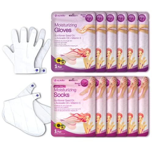 Epielle Moisturizing Hand & Foot Masks, Soften Dry, Rough Skin with Sunflower Seed Oil & Vitamin E, Self Care Gifts for Women, Spa Kit, Stocking Stuffers, 6 Moisturizing Gloves & 6 Moisturizing Socks