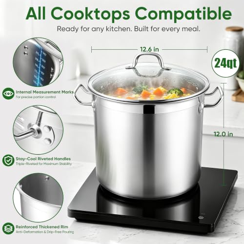 E-far 24 Quart Tri-Ply Stainless Steel Stock Pot with Lid, Large Capacity