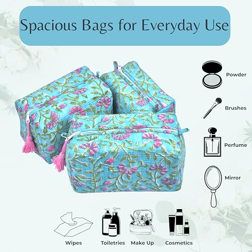 Quilted Floral Block Print Makeup Bag Set of 3 ? Cotton Travel Toiletry and Makeup Organizer, Cosmetic Pouch, Toiletry Bag for Women, Cute Boho Coquette Make Up Bags for Women (Small, Medium, Large)