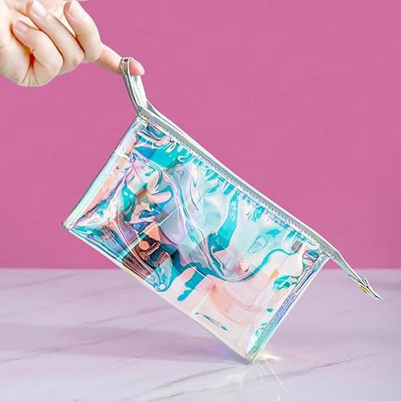 4 Pcs Holographic Makeup Bags Bulk, Small Iridescent Pouch Portable Toiletry Cosmetic Bag with Zipper, Travel Makeup Brush Holder Organizer Bag case (Blue)