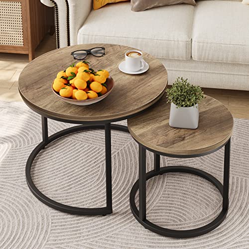 Smuxee Nesting Coffee Table Set of 2 - 23.6" Oak Round Industrial Side Tables