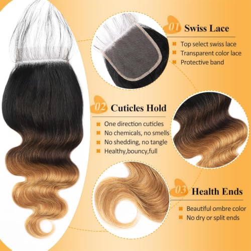 QTHAIR 18-inch Ombre Body Wave Lace Closure 4x4 Brazilian Virgin Hair T1B/4/27