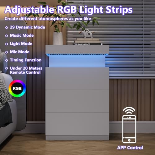 White Nightstand with Charging Station & RGB LED Lights - 17.72"W x 15.75"D x 26.57"H