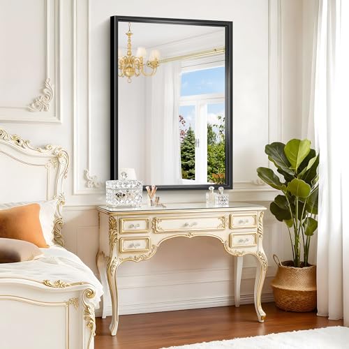 Bathroom Mirror, 42 x 30 Inch Brushed Black Rectangle 0.6" Thickened