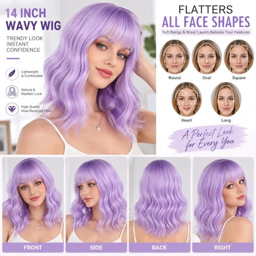 eNilecor Lavender Purple Short Curly Wavy Wig with Air Bangs - 14 Inch Synthetic Bob Hairpiece for Women