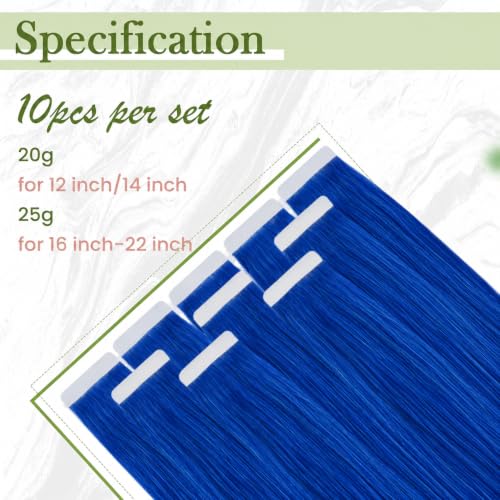 Blue Human Hair Extensions Tape-In 18 Inch Straight Remy Hair for Highlight & Cosplay - 25g/10pcs - Variation 1.2 Tape Blue / 18 IN