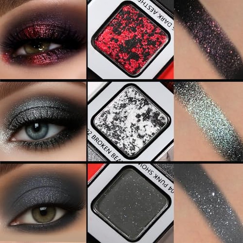 Black Grey Red Eyeshadow Palette Goth Makeup, Cold Silver Smokey Eye Shadow Compact Metallic & Matte Finishes Pigmented Burgundy Brown Cream Eyeshadow for Smokey Punk Bold Dark Vampire Gothic Clown