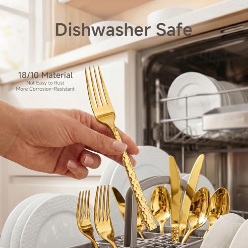 Gold Flatware Set for 8 - 40-Piece Hammered Stainless Steel Cutlery