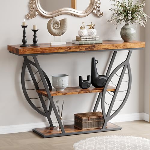 HavenlyYouth Rustic Brown Leaf Design Console Table - 39.5" Narrow Entryway Storage