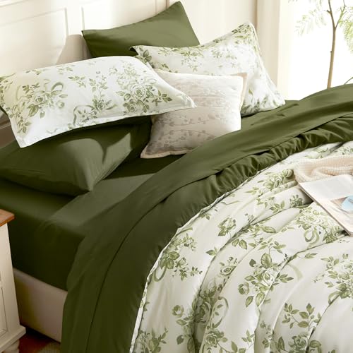 Floral Queen Comforter Set 7 Pieces Green Rose Bedding - Soft & Durable