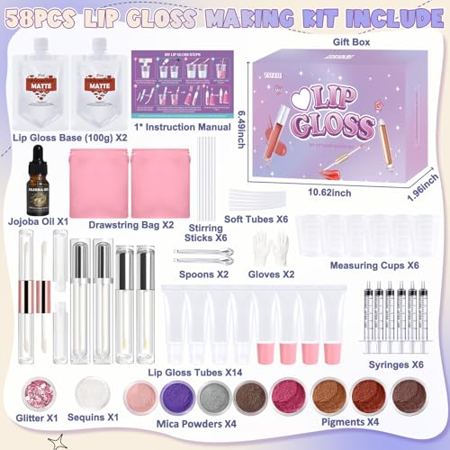 Lip Gloss Making Kit, Lipgloss Making Kit for Women, Beginner, Girls, Moisturizing Matte & Moist Lipgloss Base, Double-Ended Tubes, Jojoba Oil, Tween Girls Trendy Stuff
