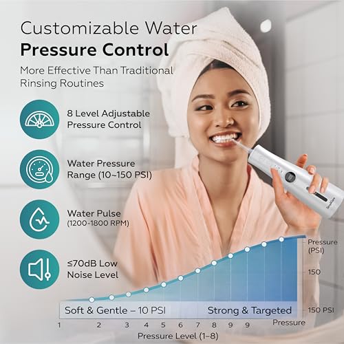 Cordless Water Flosser 10-150 PSI 5 Modes IPX7 Waterproof 8 Tips White
