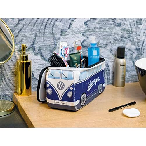 BRISA VW Collection - Volkswagen Neoprene Universal Makeup Cosmetics Toiletry Travel Pharmacy Bag in T1 Bus Design (Blue) (Large (11.8 x 5.5 x 4.7 inches))