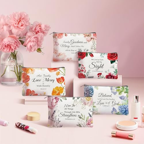 24PCS Christian Canvas Makeup Bags Bulk Inspirational Cosmetic Bags for Women Bible Verse Canvas Zipper Pouch Bulk Religious Makeup Organizer Bags Christian Gifts for Women(Flower)