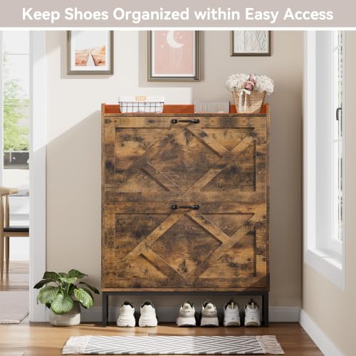 Nicetree Rustic Brown Shoe Storage Cabinet with 2 Flip Drawers - Farmhouse Entryway Organizer