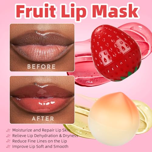 6 PCS Mini Bee Lip Balm Lip Mask Fruit Pot,Strawberry Lip Balm for Teens Girls 8-12,Peach,Cherry Moisturizing Lip Sleeping Mask Overnight Lip Treatment,Color lip Balm Gifts Set,Easter Basket Stuffers