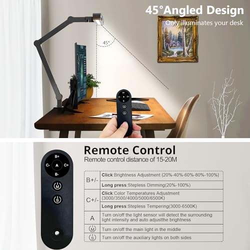 Dark Black Micomlan Clamp Desk Lamp with Remote, 24W Auto Dimming Architect LED Light for Home Office