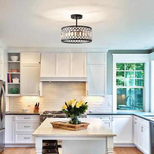Crystal Black Ceiling Light - 12 Inch 3-Light Semi Flush Fixture - Modern Home Lighting